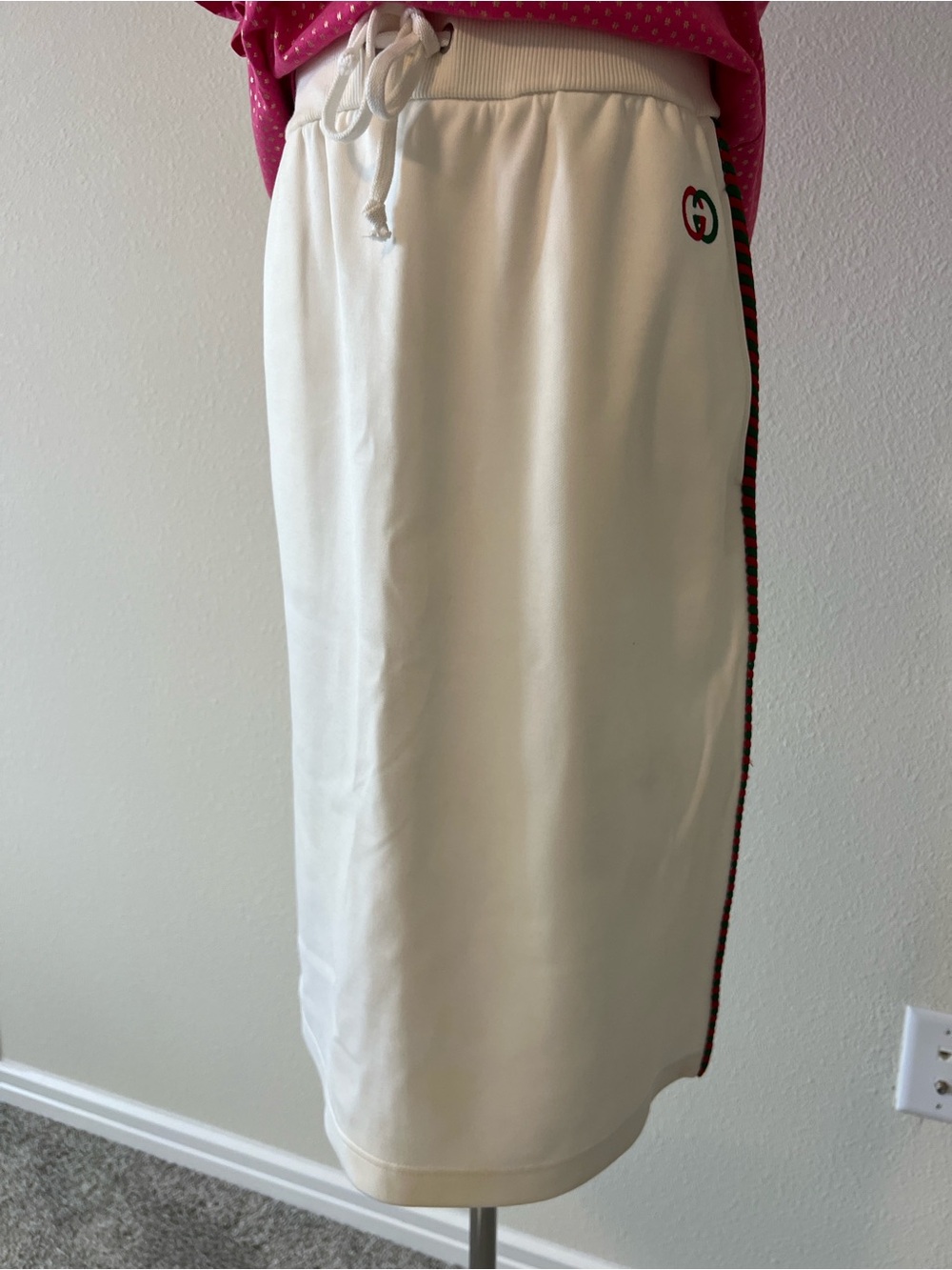 Gucci White Midi Pencil Skirt Web Stripe Logo Drawstring Size Small - Picture 2 of 10